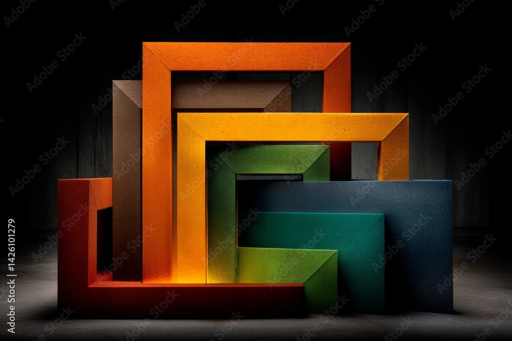 Poster Colorful geometric shapes create a striking visual display in a dark studio environment during an art installation event
