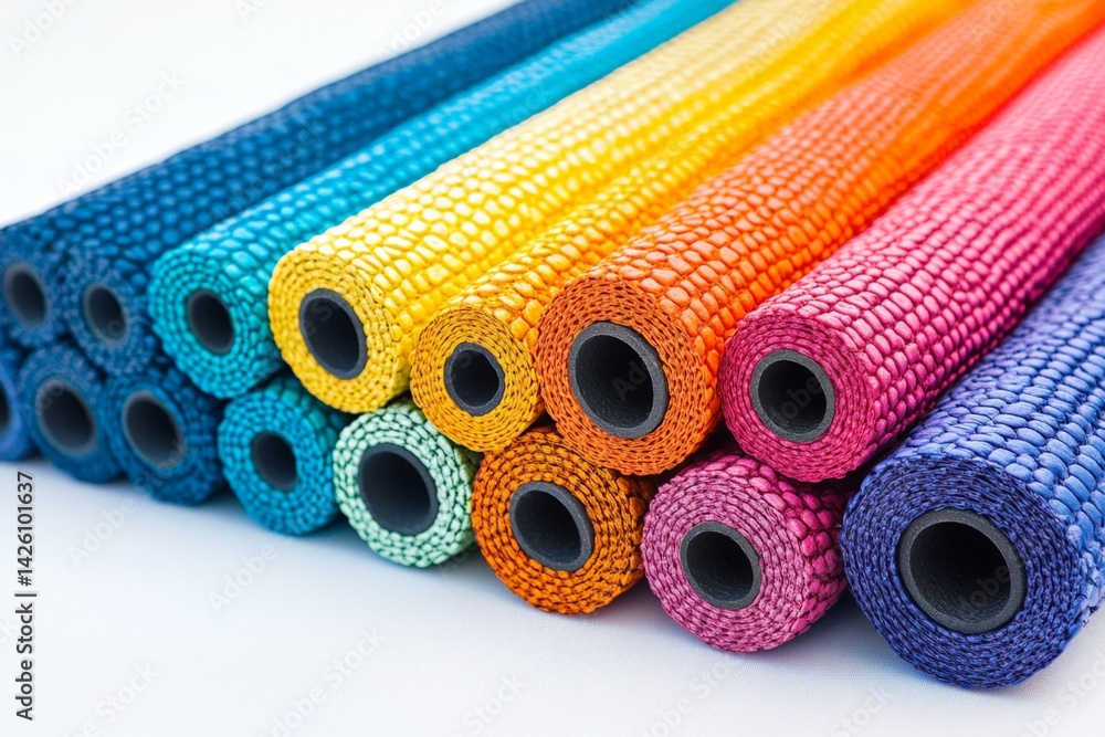 Aufkleber Colorful rolls of woven material arranged in a vibrant display ideal for crafting and design projects in a bright studio setting