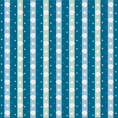 Colorful sea seamless pattern illustration. Vintage style seashells background design. Geometric natural wallpaper print, spring season nature backdrop texture with seashells.