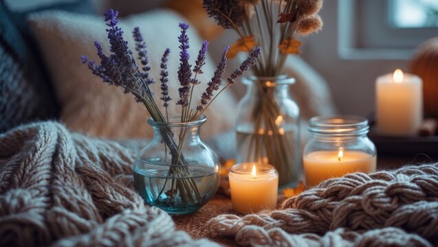 Warm fall interior scene featuring candles, knitted details, and autumn decor in a cozy home