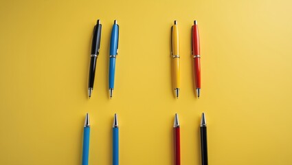 Fototapeta premium Yellow background with a ballpoint pen stationery