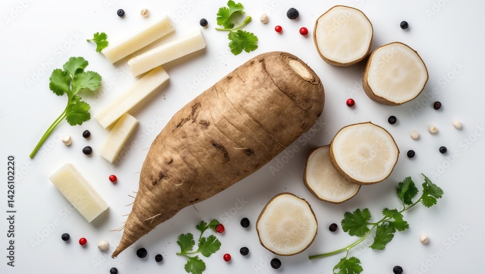 Poster top view of fresh taro root with space for text on white background