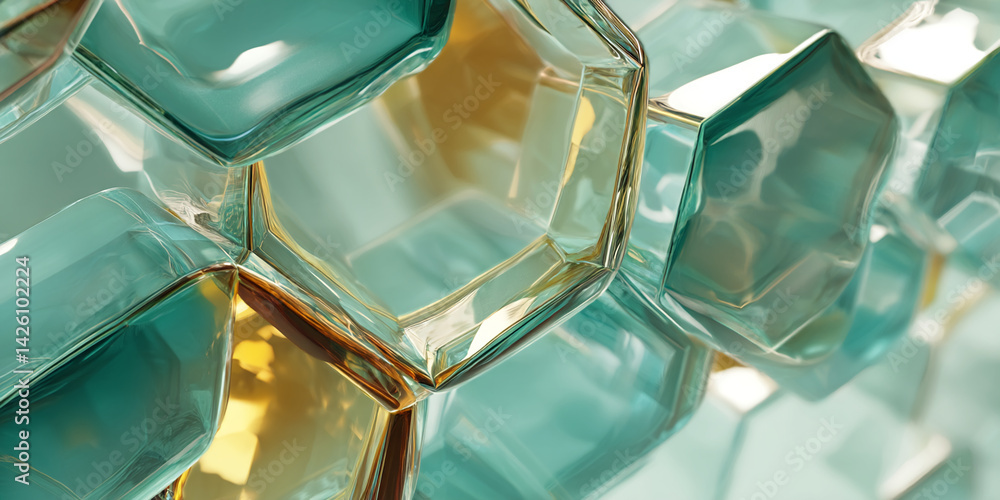Poster Abstract image of teal and gold geometric shapes, creating a glossy,faceted texture, showcasing a modern and luxurious aesthetic, ideal for design backgrounds