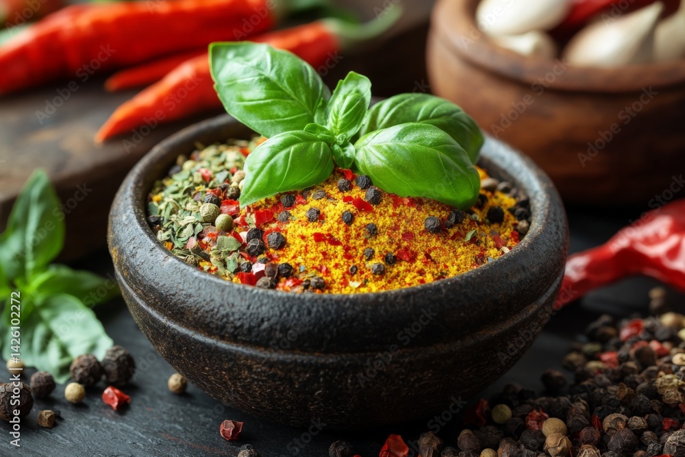 Poster colorful spices and herbs in a wooden bowl with fresh basil and red chilies on a rustic table