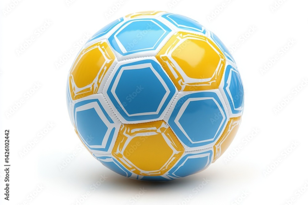 Poster colorful soccer ball with hexagonal patterns in blue and yellow design positioned on a white backgro