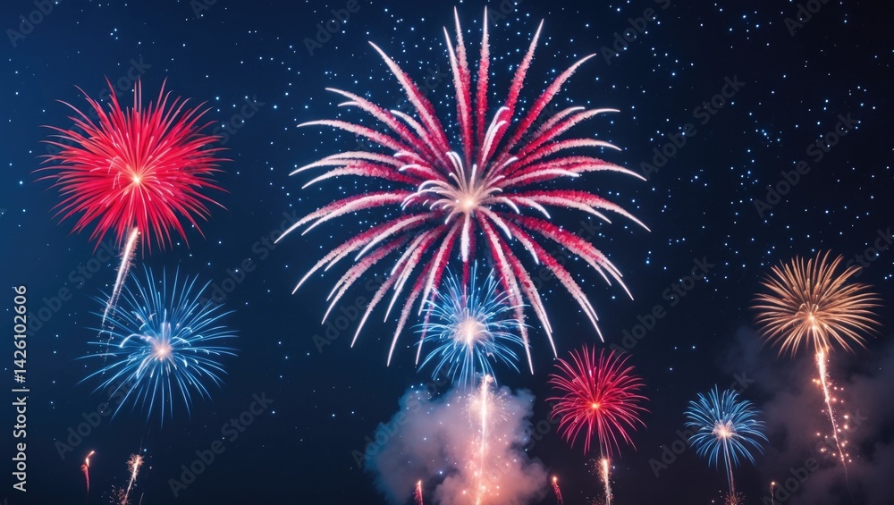 Poster red and blue firework exploding against a blurred background