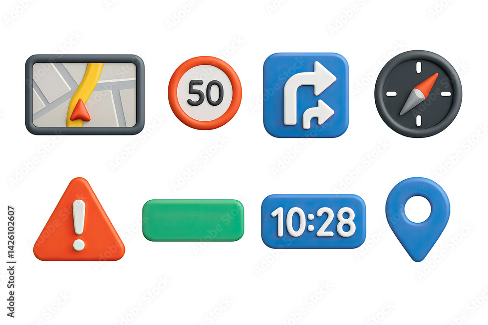 Poster navigation and gps 3d icons set – realistic wayfinding and travel tools for digital mapping, road sa