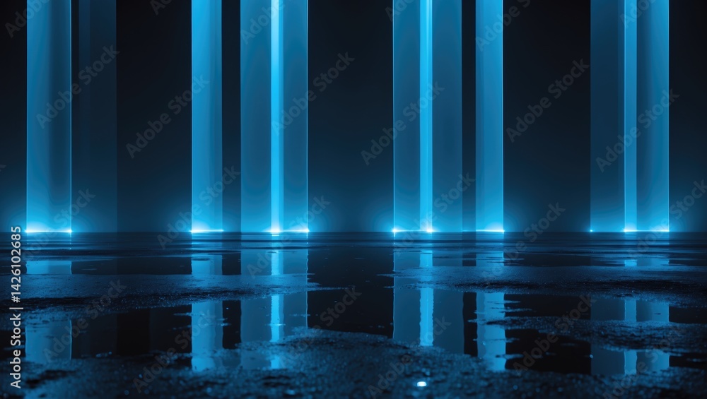 Poster empty scene background with concrete coating and light reflections on wet pavement, dark abstract ba