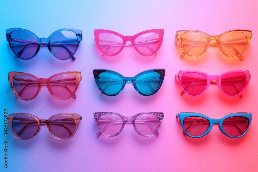 Poster colorful sunglasses arranged in a stylish grid on a gradient background during a vibrant fashion dis