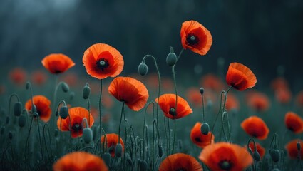 Fototapeta premium Vivid Red Poppies Blooming in a Spring Meadow with Natural Beauty and Bright Landscape