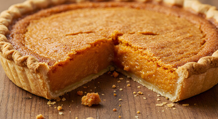 Classic Homemade Pumpkin Pie With a Slice Removed on Wooden Surface