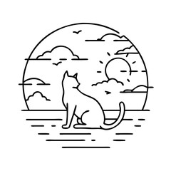cat silhouette against sunset icon, cat silhouette against sunset line art - simple line art of cat silhouette against sunset, perfect for cat silhouette against sunset logos and icons