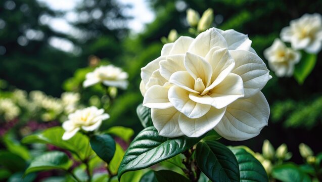 Fototapeta Beautiful gardenia flower blooming amidst green garden and pine tree background