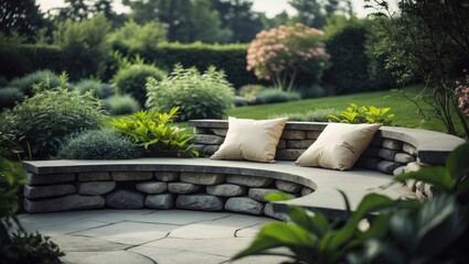 Contemporary Backyard Garden Patio and Outdoor Event Space with Gabion Round Bench and Wooden Seating, Featuring Landscaping, Family Relaxation Area, and Fireplace
