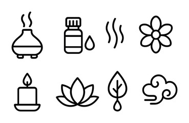 Relaxation and wellness icon set: essential oils, aromatherapy, and nature in outline style