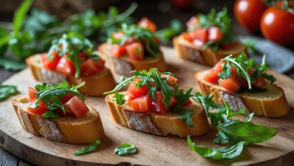 Italian Bruschetta with Tomato, Basil, and Crispy Bread on Wooden Board