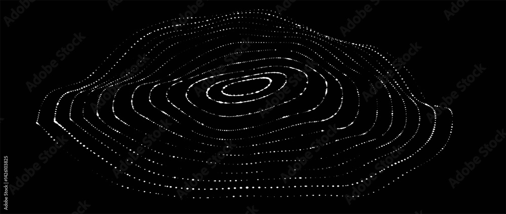 Poster circular wave of glowing dots. futuristic dot wave of bright particles on dark background. weave eff