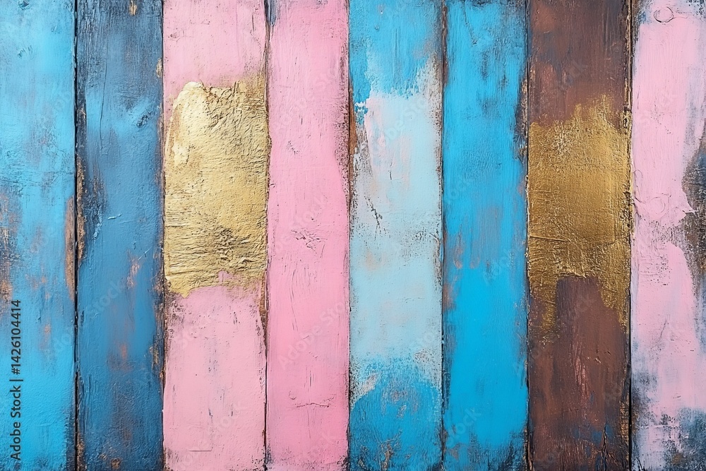 Poster colorful wooden planks with gold accents create a vibrant and artistic backdrop in a studio setting