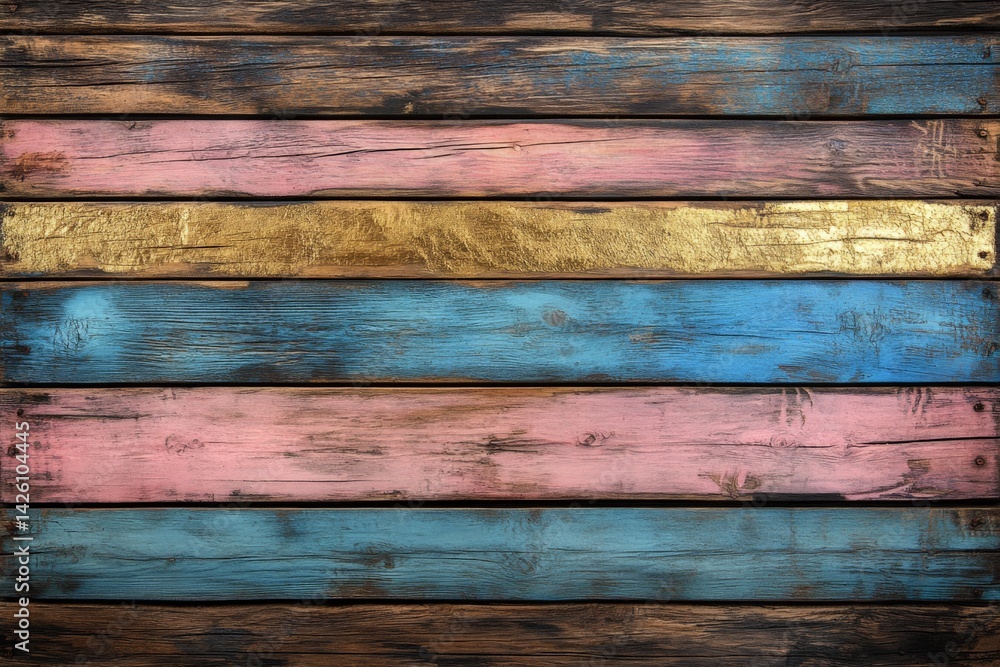 Poster colorful wooden planks arranged in a creative pattern with a shiny golden strip
