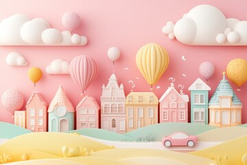 Colorful hot air balloons float over charming pastel houses in a whimsical landscape during a sunny day