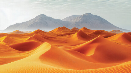 Naklejka premium Rolling orange sand dunes stretch towards a hazy backdrop of imposing grey mountains under a pale sky. A dramatic contrast of textures and colors.