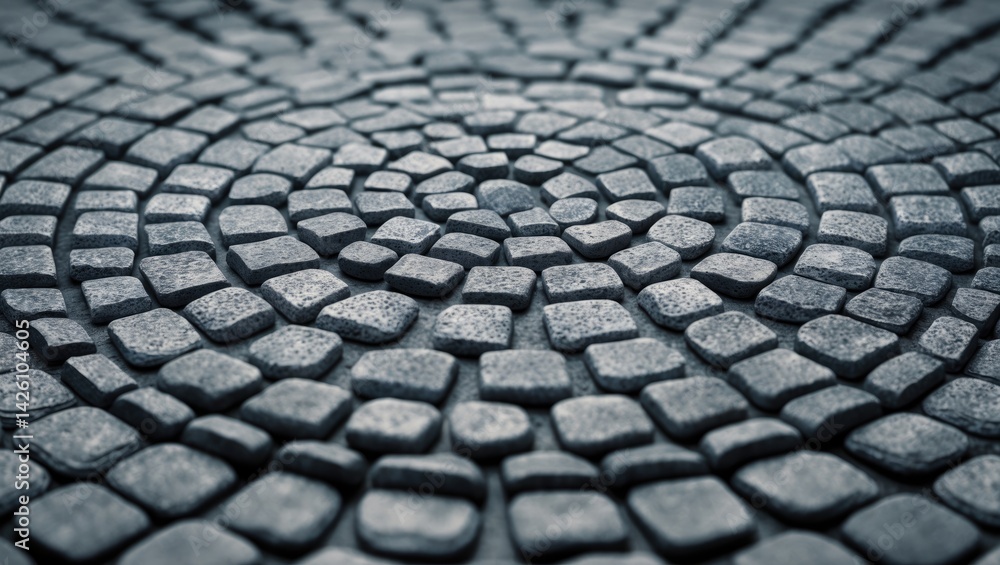 Poster intricate circular pattern of gray cobblestone pavement showcasing detailed stone texture and crafts