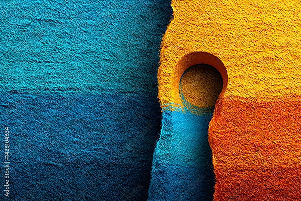 Poster brightly colored textured surface with circular hole, showcasing vibrant blue and orange hues in an 