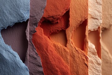 Colorful textured paper layers with torn edges create a visually striking abstract display in warm and cool tones