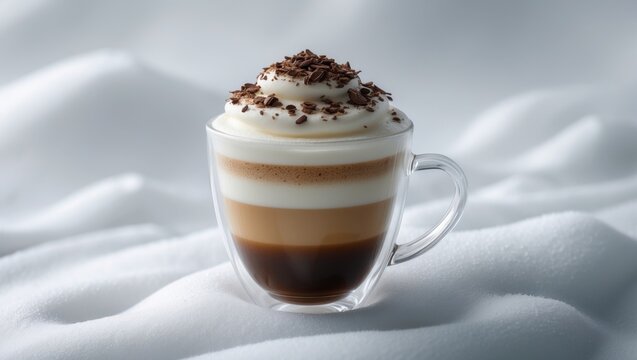 White background with a glass cup of coffee latte