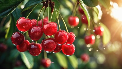 Fototapeta premium Fresh organic acerola cherries with water droplets, rich in vitamin C and antioxidants