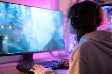 Gamer playing video game on large monitor, wearing headphones, illuminated by purple and blue light, showcasing intense gaming experience