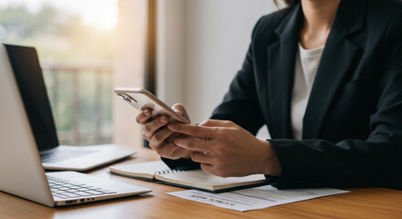 Businesswoman using smartphone checking emails working on laptop at office desk soft light warm