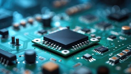Green circuit board featuring a black integrated circuit chip and assorted small electronic components, symbolizing technology, hardware, and electrical engineering