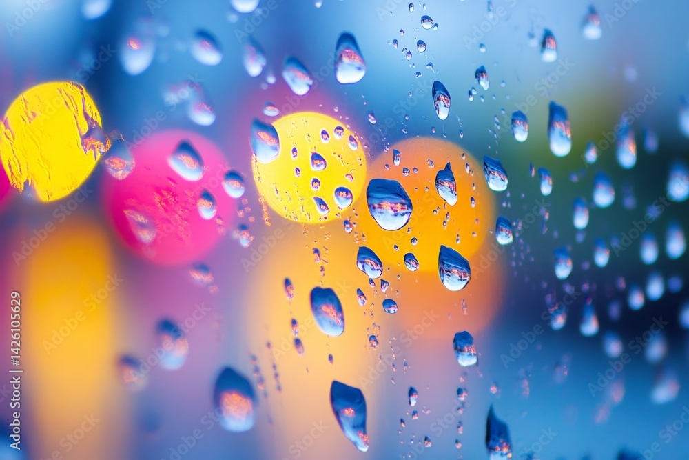 Aufkleber colorful bokeh lights seen through a rainy window with droplets illuminating the scene