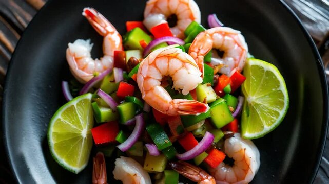 Ceviche made with shrimp, vegetables, spices, and lime showcased on a plate.