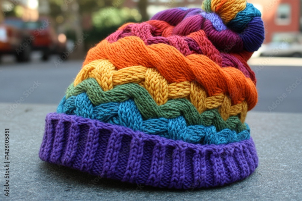 Poster Colorful knitted beanie resting on a sidewalk in an urban setting on a sunny day