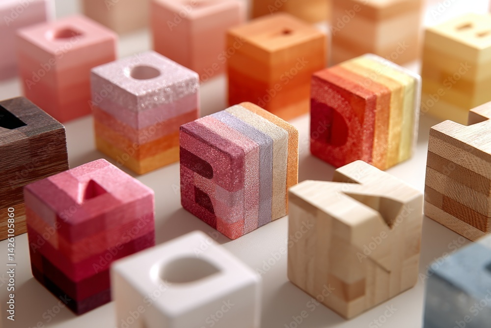 Poster Colorful wooden blocks arranged in a creative display showcasing various textures and patterns during a playful setting
