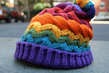 Colorful knitted beanie resting on a sidewalk in an urban setting on a sunny day