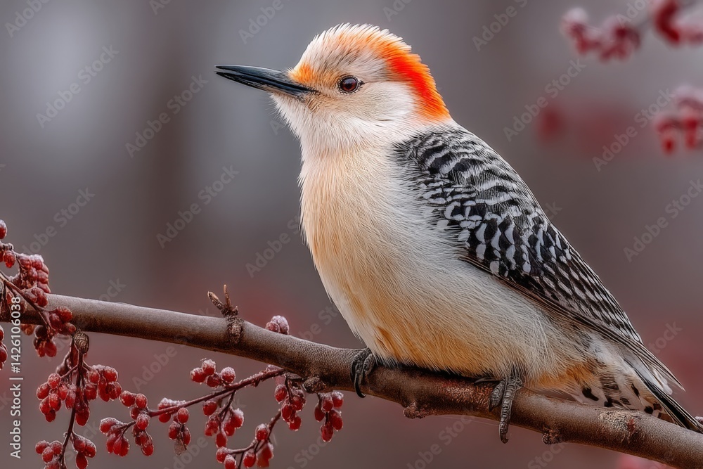 Poster brightly colored woodpecker perched on a branch surrounded by berries in springtime