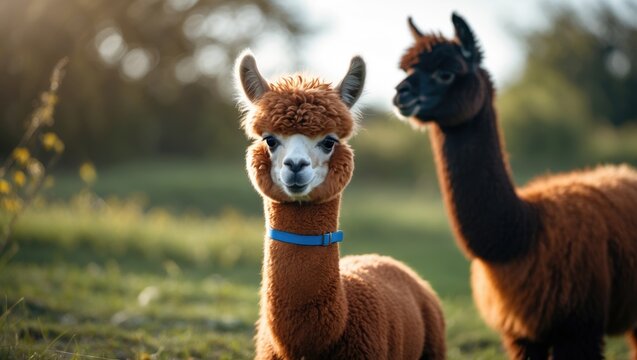 Cute baby alpaca gazing at camera with mama alpaca in the background on a sunny farm in New Zealand.