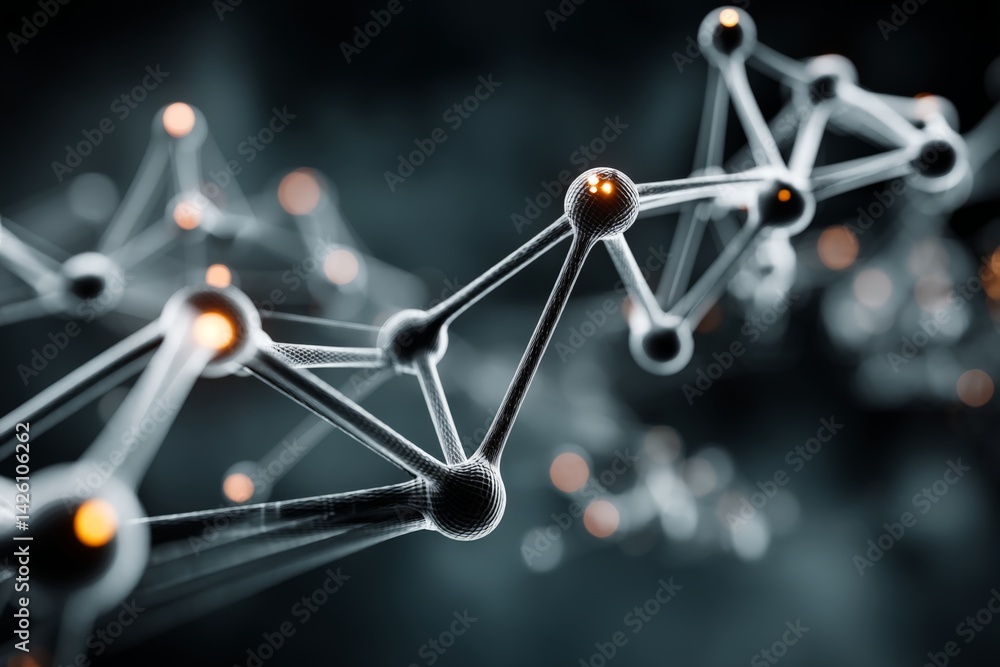 Fototapete Futuristic molecular structure showcasing interconnected nodes and glowing elements in a dark environment
