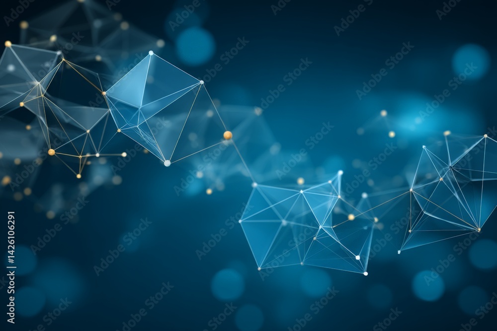 Poster Abstract geometric network design with blue tones and glowing nodes representing data connectivity