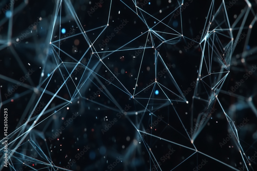 Poster Abstract geometric network with luminous points against a dark background reflecting modern technology concepts