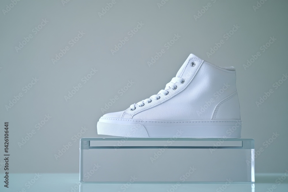 Aufkleber focus on a single white canvas sneaker presented on a transparent platform, emphasizing its design a