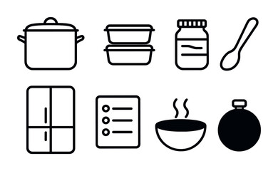 Fototapeta premium Essential kitchen icons set: linear style cooking, storage, and tools