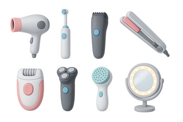 Personal care and beauty tools icon set – 3d style grooming and hygiene symbols: hairdryer, electric toothbrush, trimmer, hair straightener, epilator, shaver, facial brush, vanity mirror