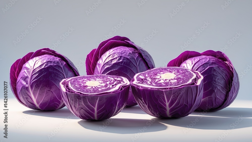 Poster flying red cabbage with half slices collection on white background, isolated. clipping path included