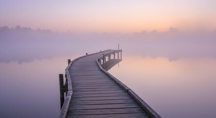 Obraz premium Serene Misty Morning Wooden Pier on Calm Lake Tranquil Sunrise Landscape Peaceful Nature Outdoors Scenic View Destination