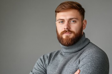 Obraz premium Young man with beard in gray turtleneck posing against simple background