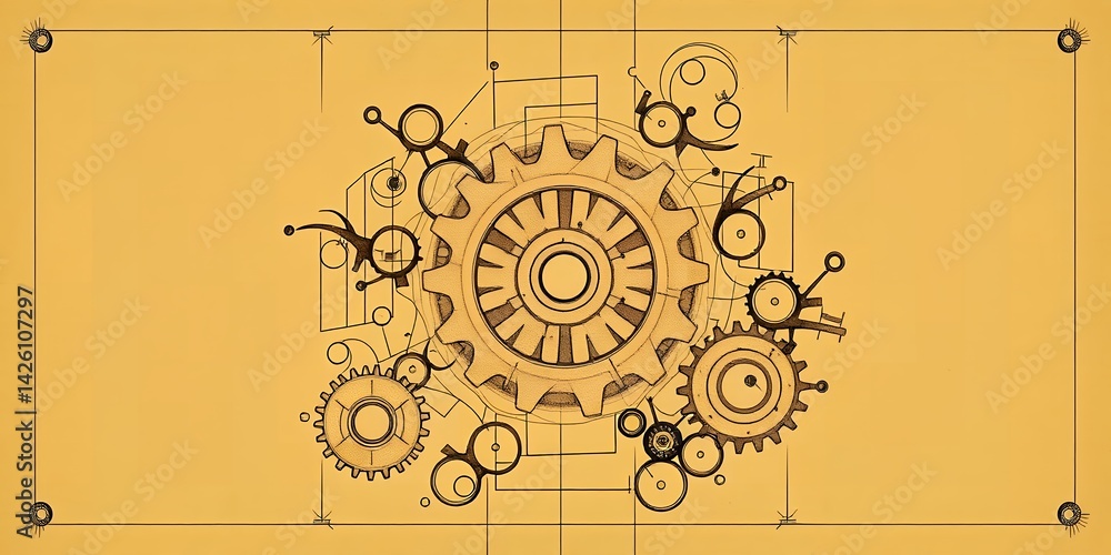 Poster blueprint styled drawing featuring gears and mechanical components on a yellow background